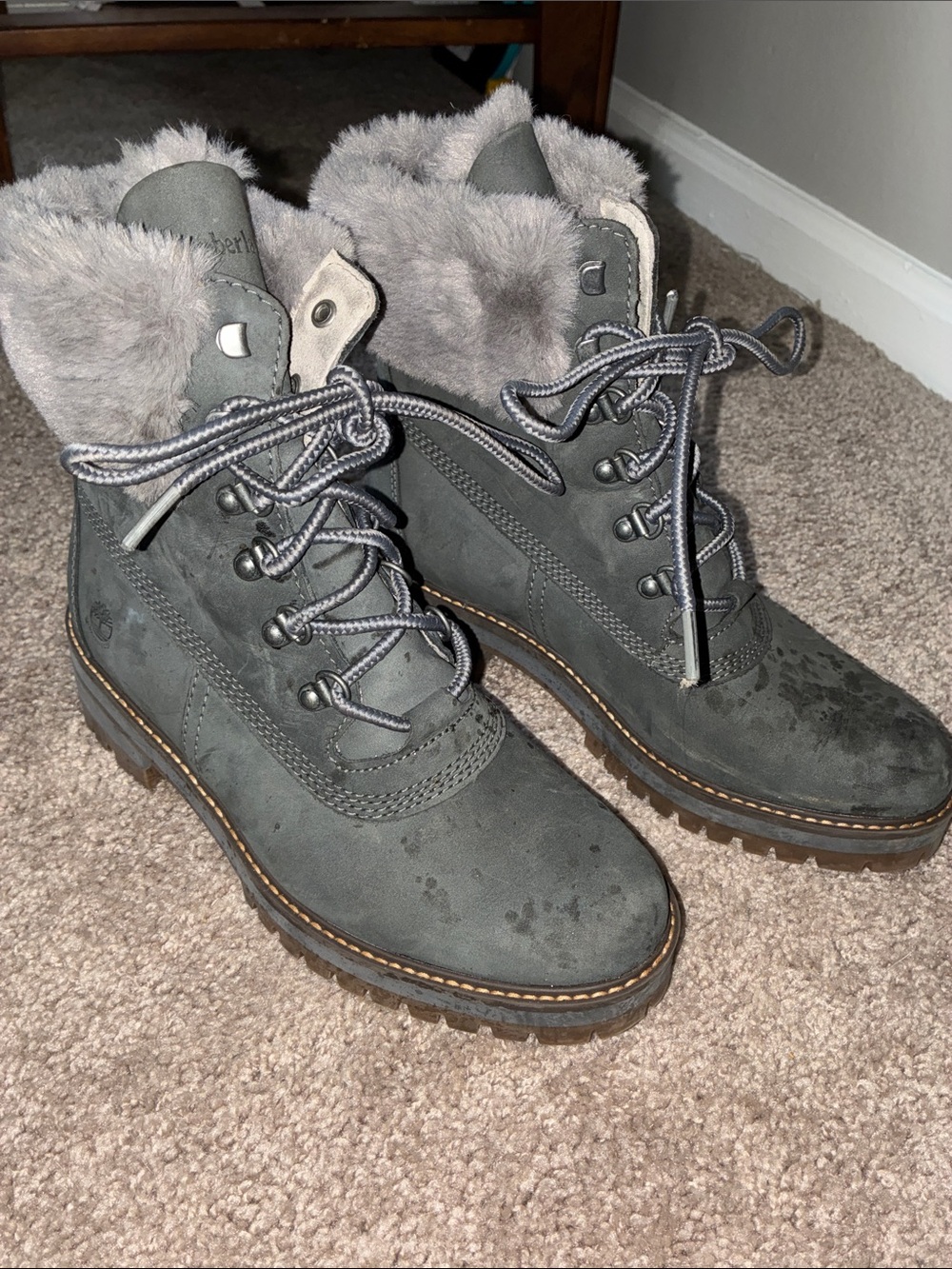 Women's Gray Fur-Trim Lace-Up Winter Boots